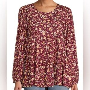 Time and Tru Burgundy Floral Long Sleeve Blouse